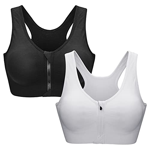 ZOEREA Sports BH Damen Push Up Zip Front Impact Yoga Bra Schwarz und Weiß,2XL von ZOEREA