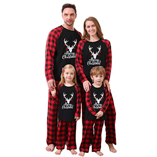 ZOEREA Weihnachten Familie Schlafanzug Outfit Elch Rotes Kariertes Nachtwäsche Herren Damen Kiner Baby Lang Pyjamas Set Unisex Kinder 8-9 Jahre von ZOEREA