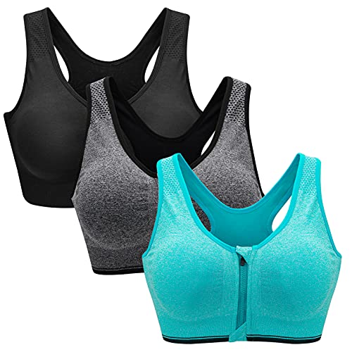 ZOEREA Sports BH Damen Push Up Zip Front Impact Yoga Bra Schwarz grau und Grün,L von ZOEREA