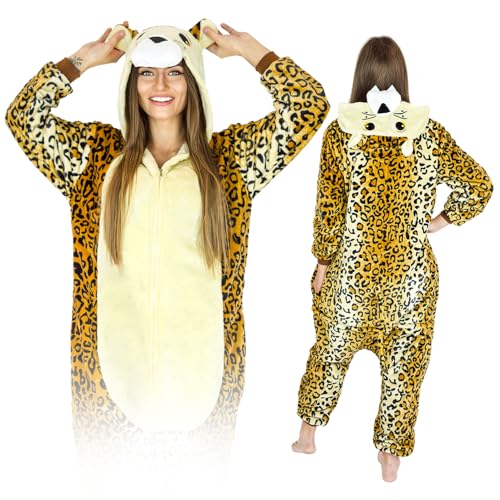 Jumpsuit Onesie für Damen und Herren - Sanft Kuschelig Unisex Pyjama - Warme Schlafanzug - Karneval Kostüm Damen oder Herren - Beliebte und Lustige Tiermotiv - Größe - S - Gepard von ZOLTA