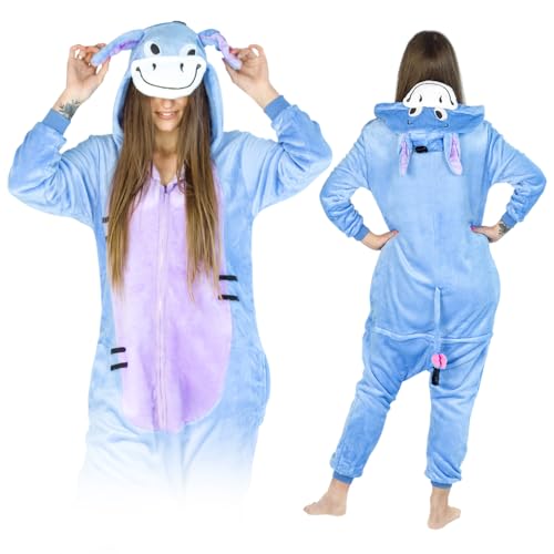Jumpsuit Onesie für Damen und Herren - Sanft Kuschelig Unisex Pyjama - Warme Schlafanzug - Karneval Kostüm Damen oder Herren - Beliebte und Lustige Einhorn Motiv - Größe 168-178 cm (L) - Esel von ZOLTA