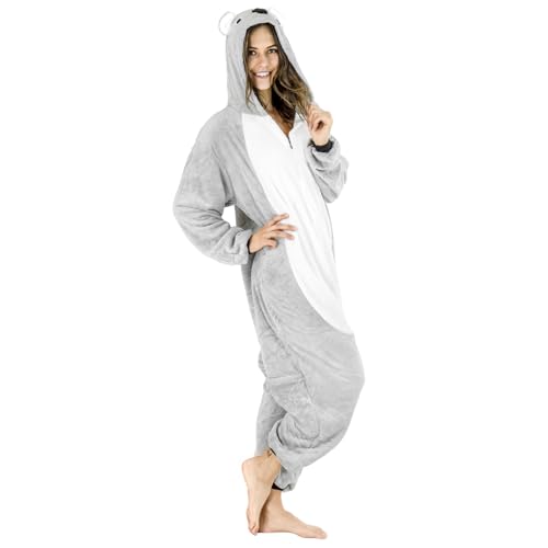 Jumpsuit Onesie für Damen und Herren - Sanft Kuschelig Unisex Pyjama - Warme Schlafanzug - Karneval Kostüm Damen oder Herren - Beliebte und Lustige Tiermotiv - Größe - L - Koala von ZOLTA