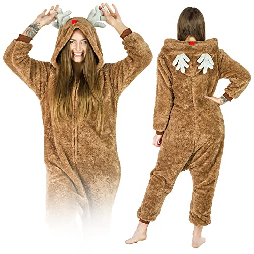 Jumpsuit Onesie für Damen und Herren - Sanft Kuschelig Unisex Pyjama - Warme Schlafanzug - Karneval Kostüm Damen oder Herren - Beliebte und Lustige Tiermotiv - Größe - M - Elch von ZOLTA