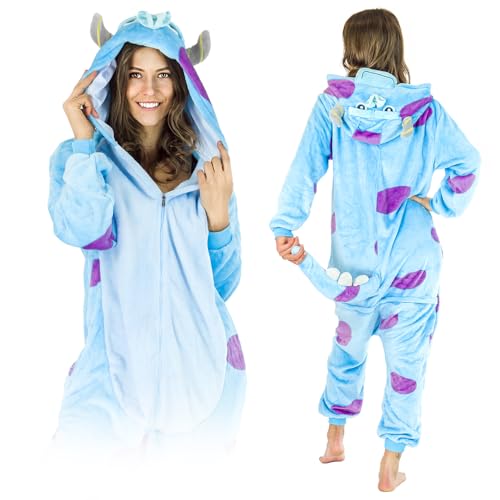 Jumpsuit Onesie für Damen und Herren - Sanft Kuschelig Unisex Pyjama - Warme Schlafanzug - Karneval Kostüm Damen oder Herren - Kostüm Einhorn Motiv - Größe 148-160 cm (S) - Blaues Monster2 von ZOLTA