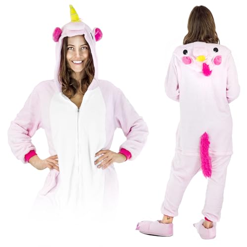 Jumpsuit Onesie für Damen und Herren - Sanft Kuschelig Unisex Pyjama - Warme Schlafanzug - Karneval Kostüm Damen oder Herren - Kostüm Einhorn Motiv - Größe 148-160 cm S - Rosa Pegasus von ZOLTA