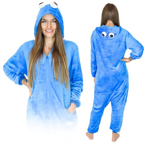 Jumpsuit Onesie für Damen und Herren - Sanft Kuschelig Unisex Pyjama - Warme Schlafanzug - Karneval Kostüm Damen oder Herren - Kostüm Einhorn Motiv - Größe 158-168 cm (M) - Blaues Monster von ZOLTA