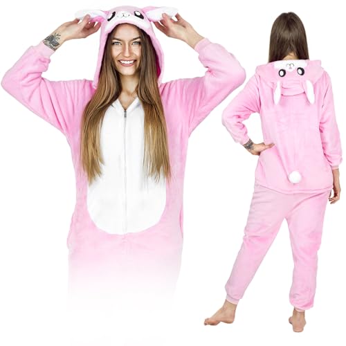 Jumpsuit Onesie für Damen und Herren - Sanft Kuschelig Unisex Pyjama - Warme Schlafanzug - Karneval Kostüm Damen oder Herren - Kostüm Einhorn Motiv - Größe 158-168 cm M - Hase von ZOLTA
