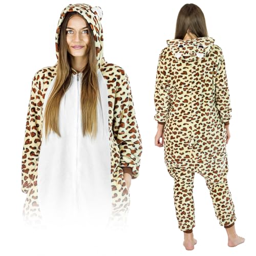 Jumpsuit Onesie für Damen und Herren - Sanft Kuschelig Unisex Pyjama - Warme Schlafanzug - Karneval Kostüm Damen oder Herren - Kostüm Einhorn Motiv - Größe 158-168 cm M - Leopard von ZOLTA