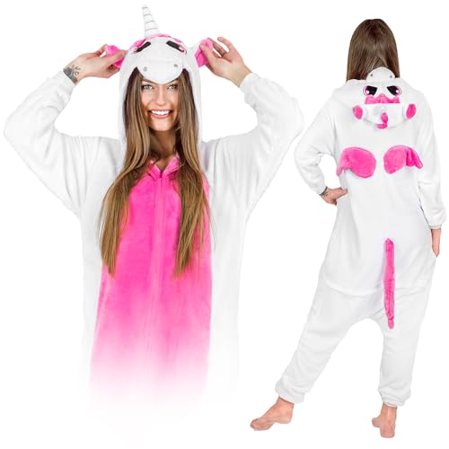 Jumpsuit Onesie für Damen und Herren - Sanft Kuschelig Unisex Pyjama - Warme Schlafanzug - Karneval Kostüm Damen oder Herren - Kostüm Einhorn Motiv - Größe 168-178 cm L - Rosa Einhorn von ZOLTA
