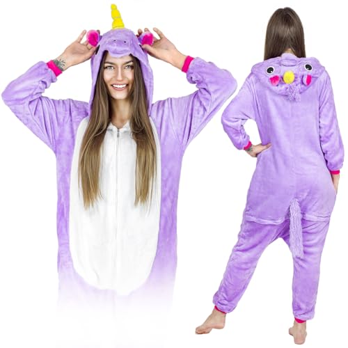 Jumpsuit Onesie für Damen und Herren - Sanft Kuschelig Unisex Pyjama - Warme Schlafanzug - Karneval Kostüm Damen oder Herren - Kostüm Einhorn Motiv - Größe 178-188 cm XL - Einhorn von ZOLTA