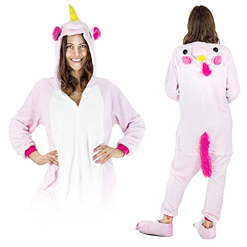 ZOLTA Jumpsuit Onesie für Damen und Herren - Sanft Kuschelig Unisex Pyjama - Warme Schlafanzug - Karneval Kostüm Damen oder Herren - Kostüm Einhorn Motiv - Größe 178-188 cm XL - Rosa Pegasus von ZOLTA