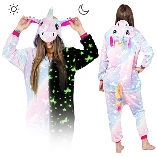 Jumpsuit Onesie für Damen und Herren - Sanft Kuschelig Unisex Pyjama - Warme Schlafanzug - Karneval Kostüm Damen oder Herren - Kostüm Einhorn Motiv von ZOLTA