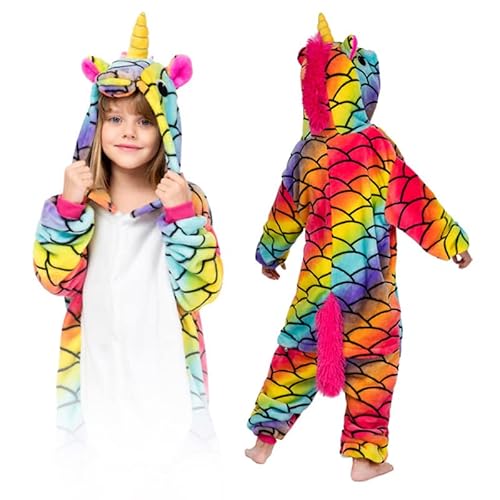 ZOLTA Jumpsuit Onesie für Kinder - Sanft Kuschelig Unisex Pyjama - Warme Schlafanzug - Karneval Kostüm - Kostüm Einhorn Motiv für Mädchen und Jungen - Größe L - Buntes Einhorn von ZOLTA