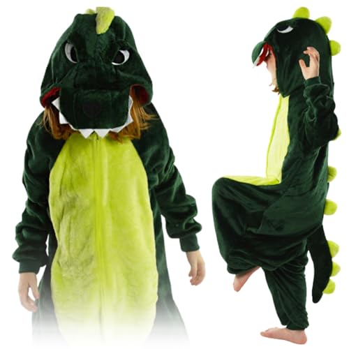 ZOLTA Jumpsuit Onesie für Kinder - Sanft Kuschelig Unisex Pyjama - Warme Schlafanzug - Karneval Kostüm - Kostüm Einhorn Motiv für Mädchen und Jungen - Größe 122-128 - Dino von ZOLTA