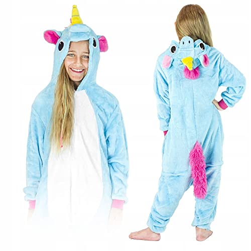 ZOLTA Jumpsuit Onesie für Kinder - Sanft Kuschelig Unisex Pyjama - Warme Schlafanzug - Karneval Kostüm - Kostüm Einhorn Motiv für Mädchen und Jungen - Größe 134-140 - Blue Pegasus von ZOLTA