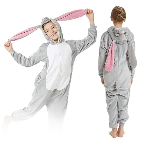 ZOLTA Jumpsuit Onesie für Kinder - Sanft Kuschelig Unisex Pyjama - Warme Schlafanzug - Karneval Kostüm - Kostüm Einhorn Motiv für Mädchen und Jungen - Größe 134-140 - Graues Kaninchen von ZOLTA