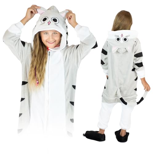 ZOLTA Jumpsuit Onesie für Kinder - Sanft Kuschelig Unisex Pyjama - Warme Schlafanzug - Karneval Kostüm - Kostüm Einhorn Motiv für Mädchen und Jungen - Größe 134-140 - Katze von ZOLTA