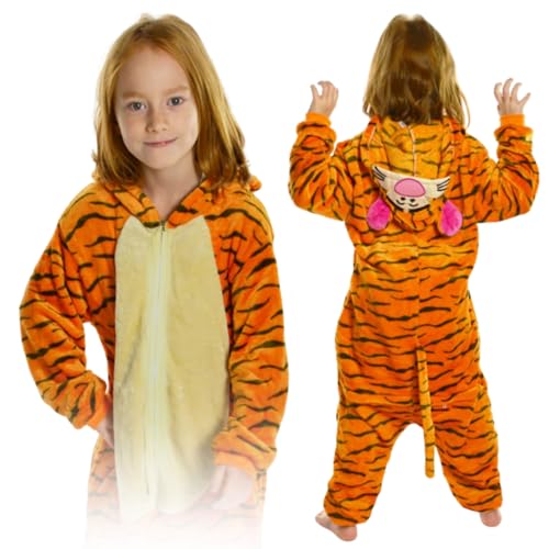 ZOLTA Jumpsuit Onesie für Kinder - Sanft Kuschelig Unisex Pyjama - Warme Schlafanzug - Karneval Kostüm - Kostüm Einhorn Motiv für Mädchen und Jungen - Größe 146-152 - Tiger von ZOLTA