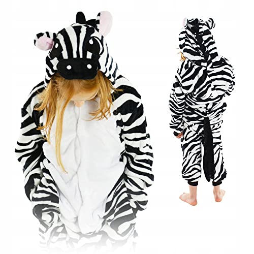 ZOLTA Jumpsuit Onesie für Kinder - Sanft Kuschelig Unisex Pyjama - Warme Schlafanzug - Karneval Kostüm - Kostüm Einhorn Motiv für Mädchen und Jungen - Größe 98-104 - Zebra von ZOLTA