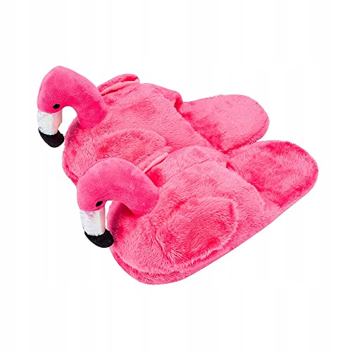 ZOLTA Plüsch Hausschuhe für Damen, Mädchen und Kinder - Pantoffeln Damen mit Tiere - Flauschige kuschel Slippers - Lustige, warme Puschen für Winter - ONE SIZE Größe 36-41 - Neonpinker Flamingo von ZOLTA