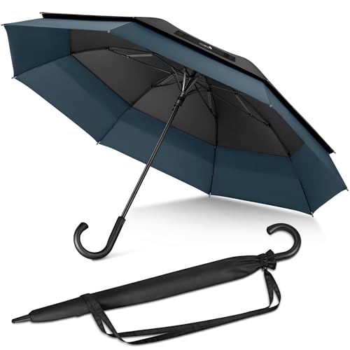 ZOMAKE 58 Zoll Großer Stockschirm für Damen Herren,8 Rippen Golf Regenschirme Sturmfest mit Doppelschirm und Automatiköffnung,XXL Travel Schirm Stabil(Schwarz Marineblau) von ZOMAKE