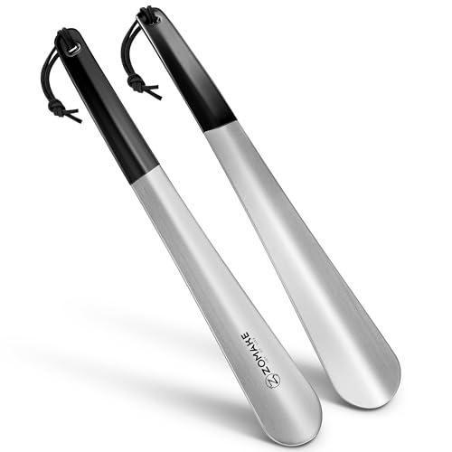 ZOMAKE Langer Metall Schuhlöffel 2 Stück,Schuhlöffel Edelstahl Schuhanzieher Metall Silber 30CM Für Senioren Herren Damen Langen Schuhhorn Stark Mit Braunes Seil(2er Silber) von ZOMAKE