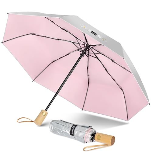 ZOMAKE Regenschirm Kompakt UV Schutz,Sonnenschirm Tragbar Automatik Für Herren Damen,Klein Taschenschirm Sturmfest Stabil Mit Holzgriff(Silber Rosa) von ZOMAKE