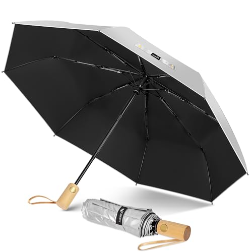 ZOMAKE Regenschirm Kompakt UV Schutz,Sonnenschirm Tragbar Automatik Für Herren Damen,Klein Taschenschirm Sturmfest Stabil Mit Holzgriff(Silber Schwarz) von ZOMAKE