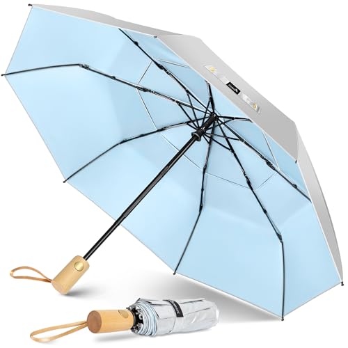 ZOMAKE Regenschirm Kompakt UV Schutz,Sonnenschirm Tragbar Automatik Mit Doppelter Abdeckung,Klein Taschenschirm Sturmfest Mit Holzgriff Für Herren Damen(Silber Hellblau-Doppelt) von ZOMAKE