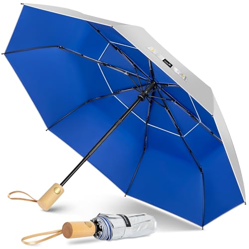 ZOMAKE Regenschirm Kompakt UV Schutz,Sonnenschirm Tragbar Automatik Mit Doppelter Abdeckung,Klein Taschenschirm Sturmfest Mit Holzgriff Für Herren Damen(Silber Marineblau-Doppelt) von ZOMAKE