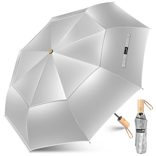 ZOMAKE Sonnenschirm Tragbar UV Schutz,Regenschirm Kompakt Automatik Mit Doppelter Abdeckung,Taschenschirm Sturmfest Mit Holzgriff für Herren Damen(Silber Schwarz-Doppelt) von ZOMAKE