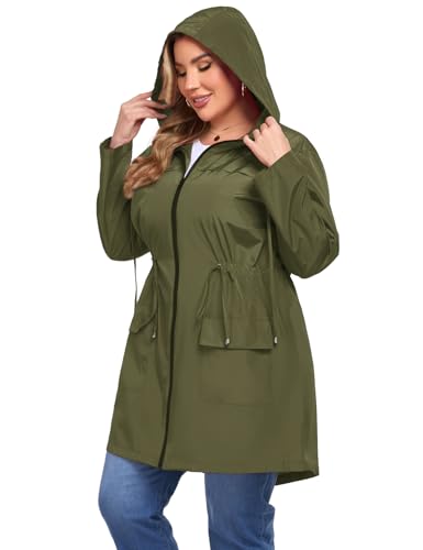 ZOMVA 2025 Übergröße 1X-5X Regenjacke Mantel Langer leichter Regenmantel mit Kapuze Windbreaker wasserdichte Jacken mit Taschen, Olivgrün, 5XL Große Größen von ZOMVA