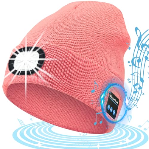 ZONSUSE Bluetooth Mütze mit Led Licht,Kabellose Musik Beanie,Beleuchtete Laufmütze,Eingebauter Lautsprecher,Abnehmbar,Personalisierte Geschenke für Frauen Männer Weihnachten (Bluetooth Rosa) von ZONSUSE