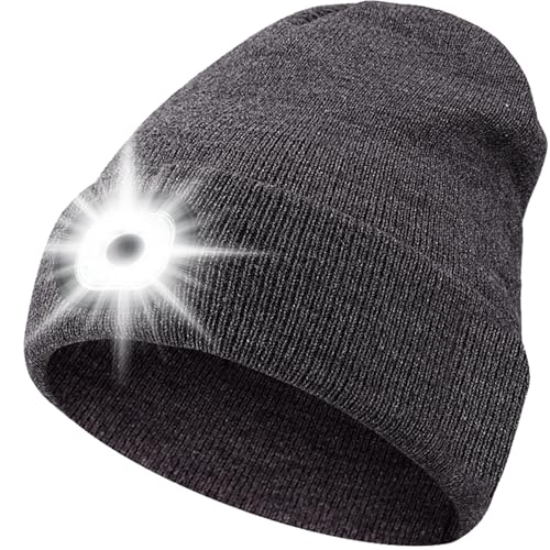 ZONSUSE Mütze mit 6 Led Licht,LED Winter Beanie,Beleuchtete Laufmütze,Strickmütze mit Stirnlampe,Abnehmbar,USB Aufladung, 3 Helligkeiten,für Herren Damen Nachtlauf Camping Reiten Angeln (Grau) von ZONSUSE