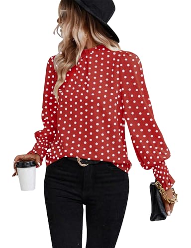 Damen Polka Dots Bluse Puff-Rüschen-Langarmshirts Tops Herbst Falten vorne Rüschenbesatz Stehkragen Tunika Top Rot + Weiß Point-M, Rot/Ausflug, einfarbig (Getaway Solids), Mittel von ZOOMOON