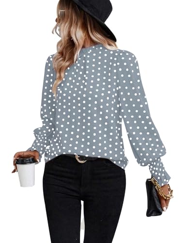 ZOOMOON Damen Polka Dots Bluse Puff Rüschen Langarm Shirts Herbst Plissee Rüschen Trim Mock Neck Tunika Tops, Blau, X-Large von ZOOMOON