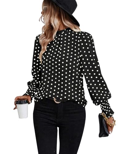 ZOOMOON Damen Polka Dots Bluse Puff-Rüschen-Langarmshirts Herbst Falten Rüschen Trim Stehkragen Tunika Tops, Schwarz, Groß von ZOOMOON