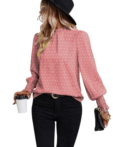ZOOMOON Damen Polka Dots Bluse Puff-Rüschen-Langarmshirts 2024 Herbst Falten Rüschen Trim Stehkragen Tunika Tops, rosa herz, Mittel von ZOOMOON