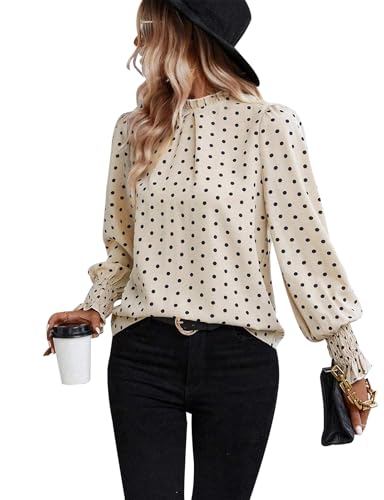 ZOOMOON Damen Polka Dots Bluse Puff-Rüschen-Langarmshirts Herbst Falten Rüschen Trim Stehkragen Tunika Tops, Khaki, X-Groß von ZOOMOON