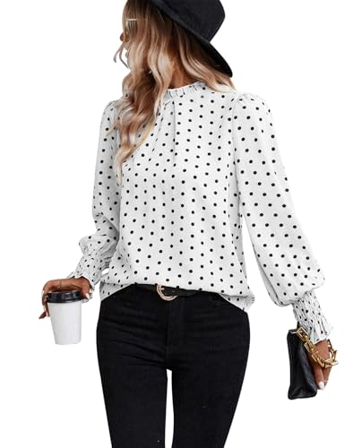 ZOOMOON Damen Polka Dots Bluse Puff-Rüschen-Langarmshirts Herbst Falten Rüschen Trim Stehkragen Tunika Tops, Weiss/opulenter Garten, Klein von ZOOMOON