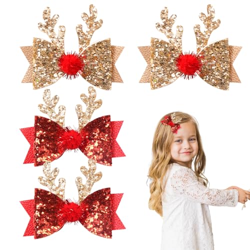 ZOOMPIL Xmas Glitter Geweih Haarclips, 4 Stück Weihnachts Haarspangen Set, Schleife Haarschmuck Glitzer, für Mädchen Kinder Weihnachten Party Weihnachtsgeschenke von ZOOMPIL