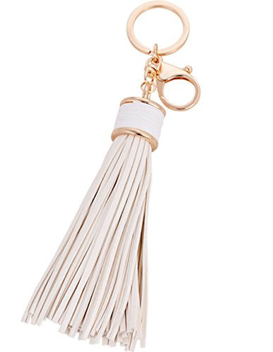 ZOONAI Frauen Leder Quasten Schlüsselbund Auto Kreis Schlüsselringe Geschenk Tasche Hängende Schnalle (Weiß) von ZOONAI