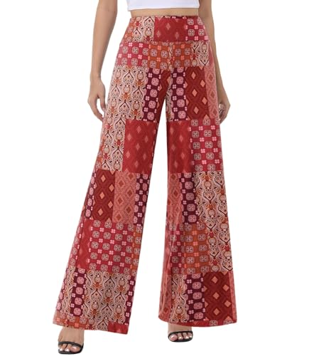 ZOOSIXX Palazzo-Hose mit weitem Bein für Damen – Hohe Taille, Lässig, Strand, Lounge-Hose, Lockeres Kleid, Boho Rot, X-Groß von ZOOSIXX