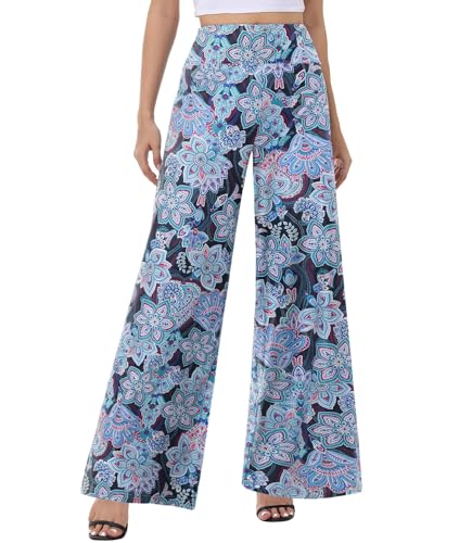 ZOOSIXX Palazzo-Hose mit weitem Bein für Damen – hohe Taille, lässig, Strand, Lounge-Hose, lockeres Kleid, dehnbare Hose, Paisley-Blumenmuster, XX-Large von ZOOSIXX