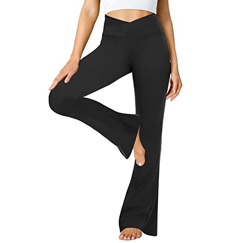 ZOOSIXX Schwarze ausgestellte Yogahose für Damen, Crossover-weiche Bootcut-Leggings, Schwarz, M von ZOOSIXX