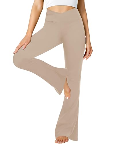 ZOOSIXX Schwarze ausgestellte Yogahose für Damen, Crossover-weiche Bootcut-Leggings, Beige, M von ZOOSIXX