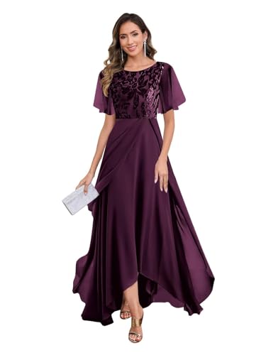 Brautmutterkleider Knielang,Damen Brautmutterkleider Lang Rüschenhülsen A-Linie Formelle Abendkleider Mutter Der Braut Kleid Pflaume 44 von ZOOYYUE
