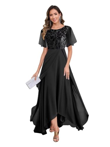 Brautmutterkleider Knielang Mit Jacke,Damen Brautmutterkleider Lang Rüschenhülsen A-Linie Formelle Abendkleider Mutter Der Braut Kleid Schwarz 54 von ZOOYYUE