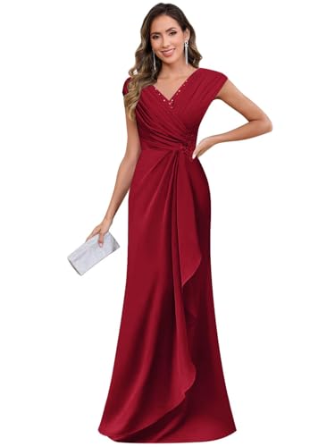 Chiffonkleid Damen Sommer,Damen Chiffon Brautmutterkleider Lang V-Ausschnitt Rüschenhülsen A-Linie Formelle Abendkleider Mutter Der Braut Kleid Burgund 42 von ZOOYYUE
