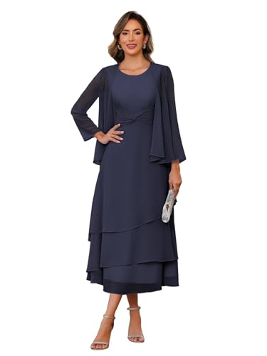 ZOOYYUE 2 Teile Brautmutterkleider für Hochzeit mit Jacke - Chiffon Große größen Abendkleider Teelänge Plissierte A-Linie Festliche Kleider für Hochzeitsgäste von ZOOYYUE
